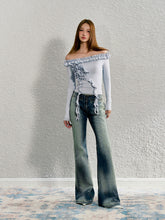 Washed Blue Reflective Foil Micro-flare Denim Trousers - CHINASQUAD