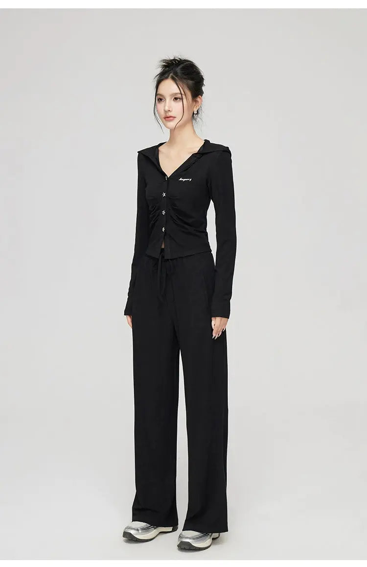Black & Gray V-neck Hooded Cardigan & Pant Set - CHINASQUAD