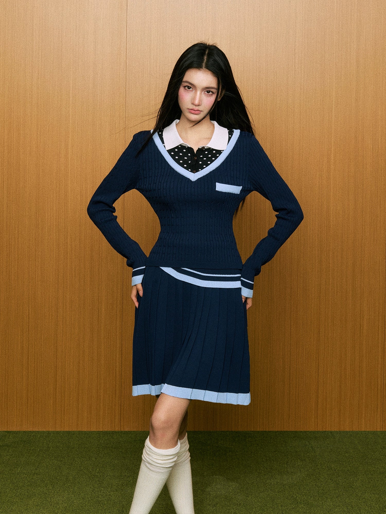 Faux Two-Piece Polka Dot Polo Shirt & Pleated Skirt Set - CHINASQUAD