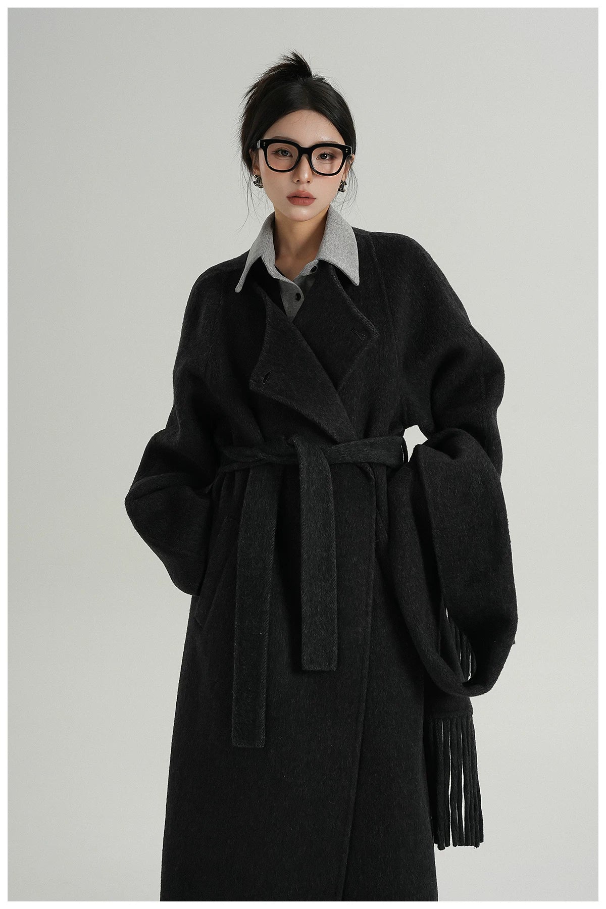 Fringe-Detail Wool Scarf-Style Long Coat