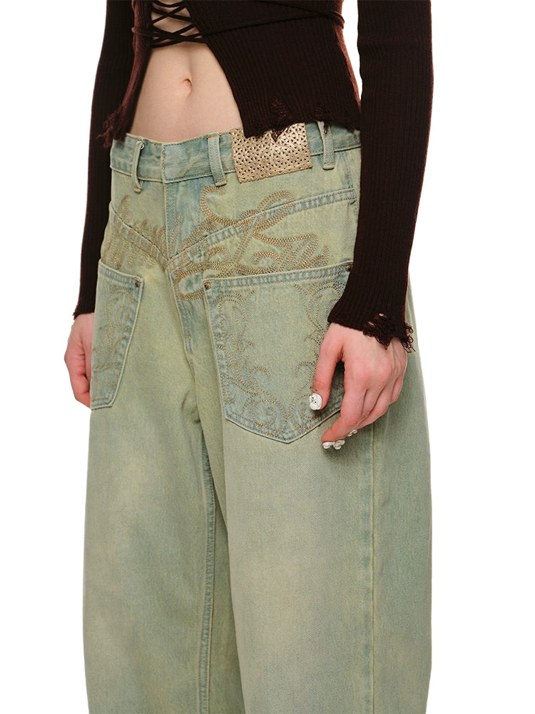 Distressed Washed Green Wide-Leg Jeans - CHINASQUAD