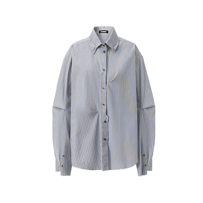 Asymmetric Pleated Stripe Cotton Shirt