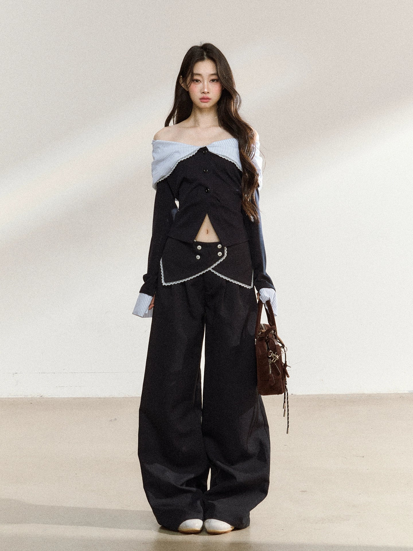 Off-Shoulder Striped Lapel Blouse & Pants Set - CHINASQUAD