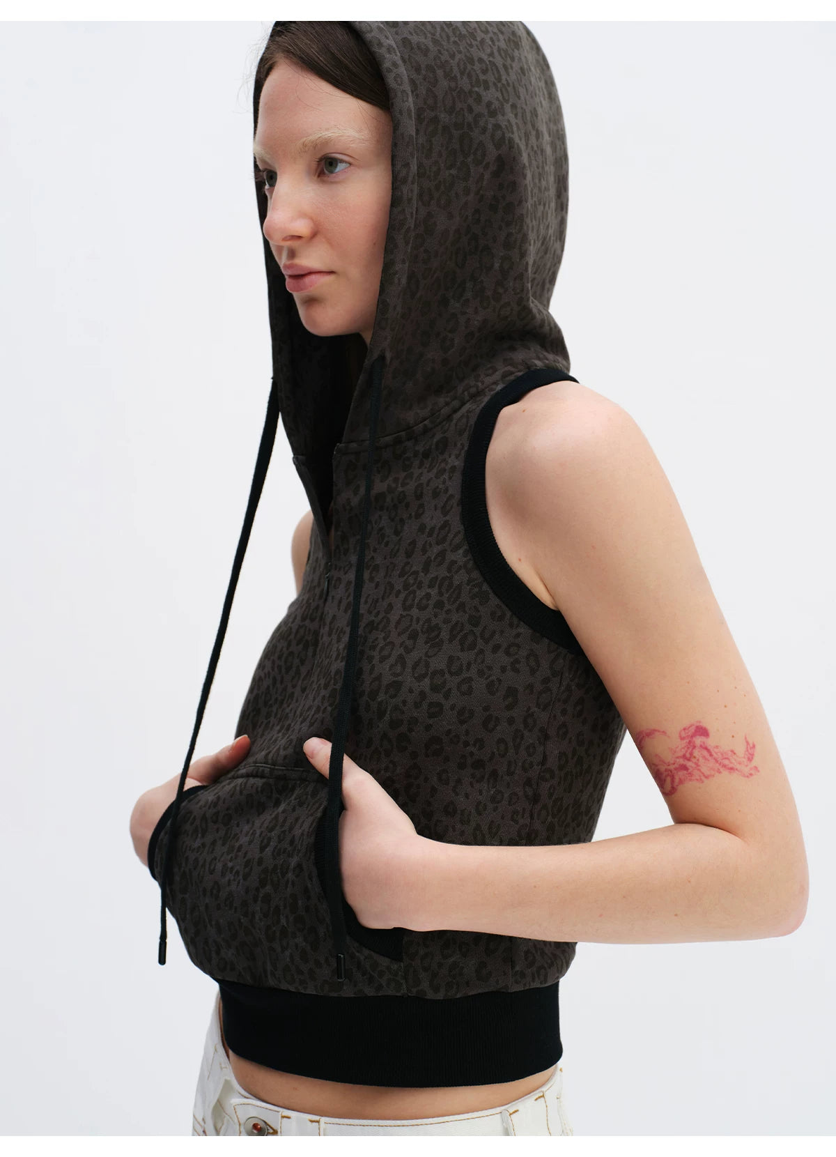 Cool-Tone Leopard Hooded Sleeveless Hoodie