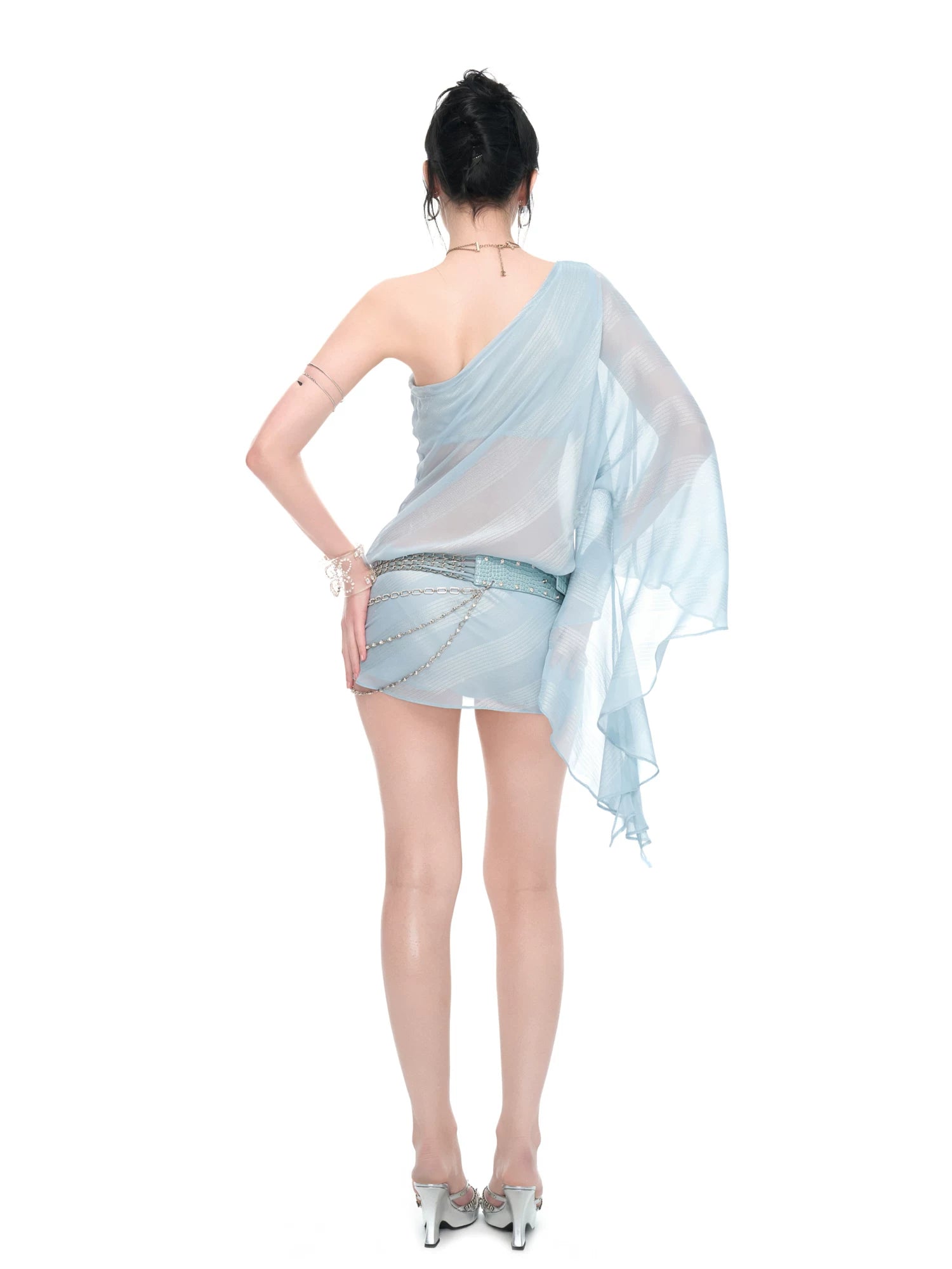 Ice Blue Asymmetric Shimmer Chiffon Bodycon Dress