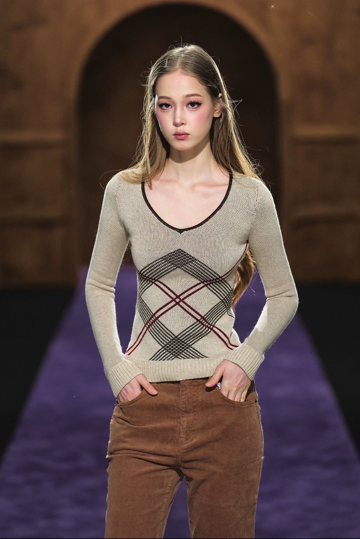 Vintage Check Contrast Slim-Fit Knit Crewneck