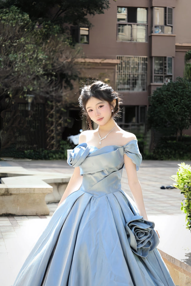 Satin Off-Shoulder Gown with Sculpted Roses