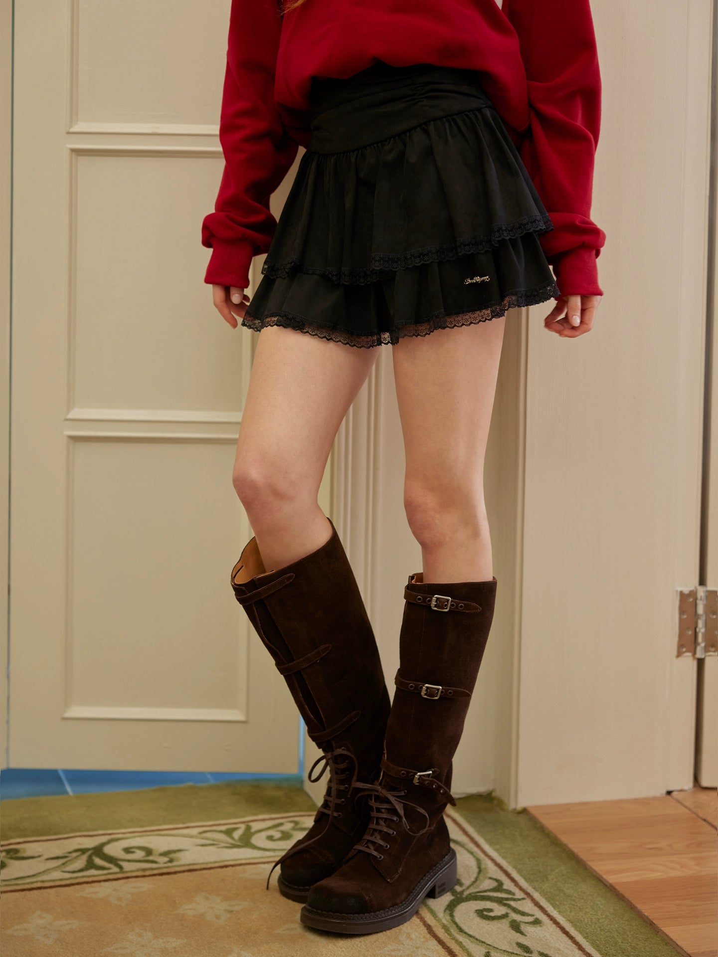 Suede Pleated Lace Puff A-Line Mini Skirt - CHINASQUAD