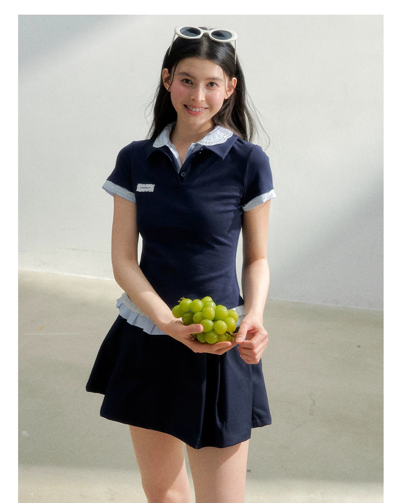 Vintage Layered Polka Dot Collar Knit Polo Tee