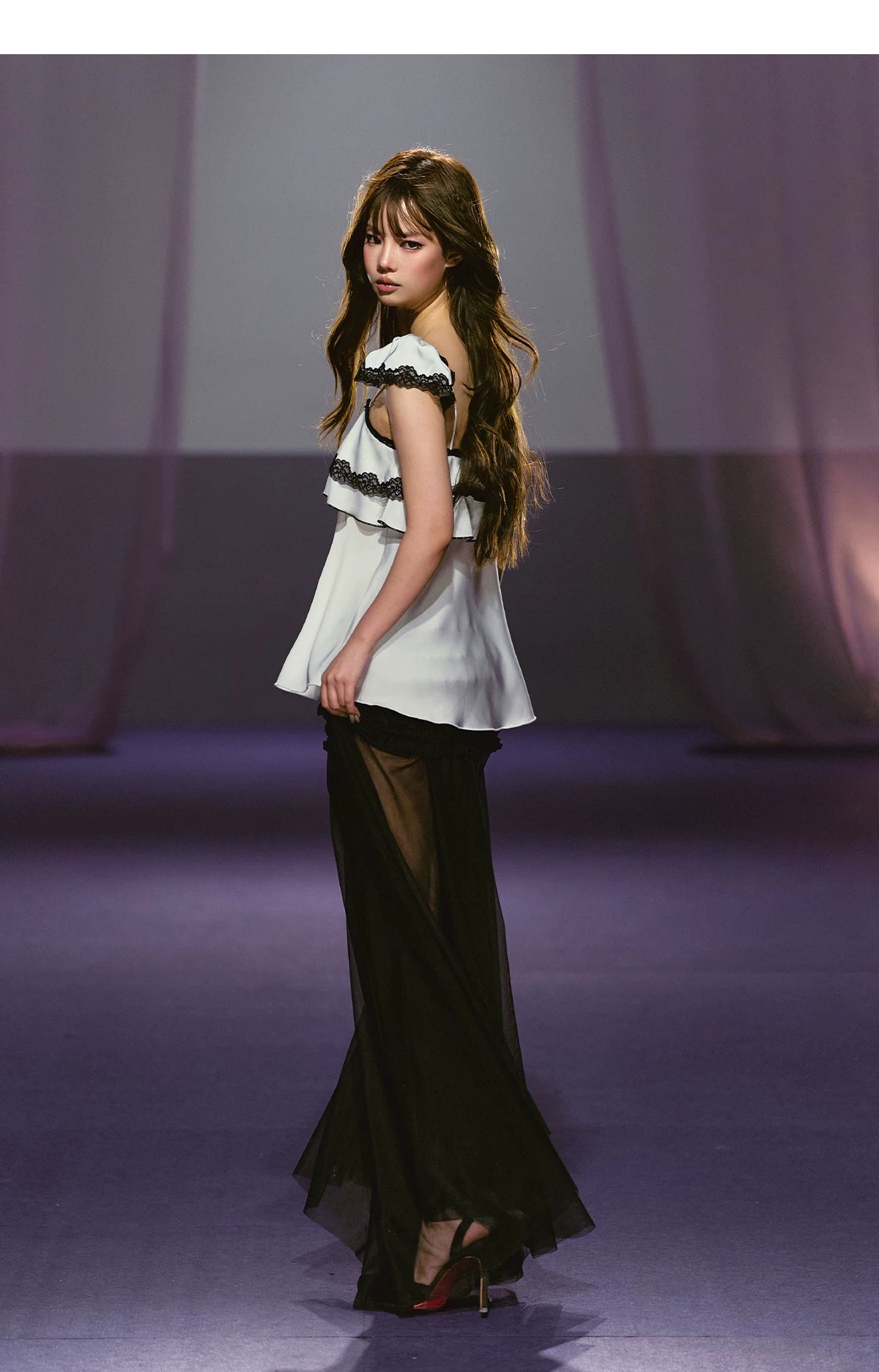 Ruched Semi-Sheer Mesh Maxi Skirt