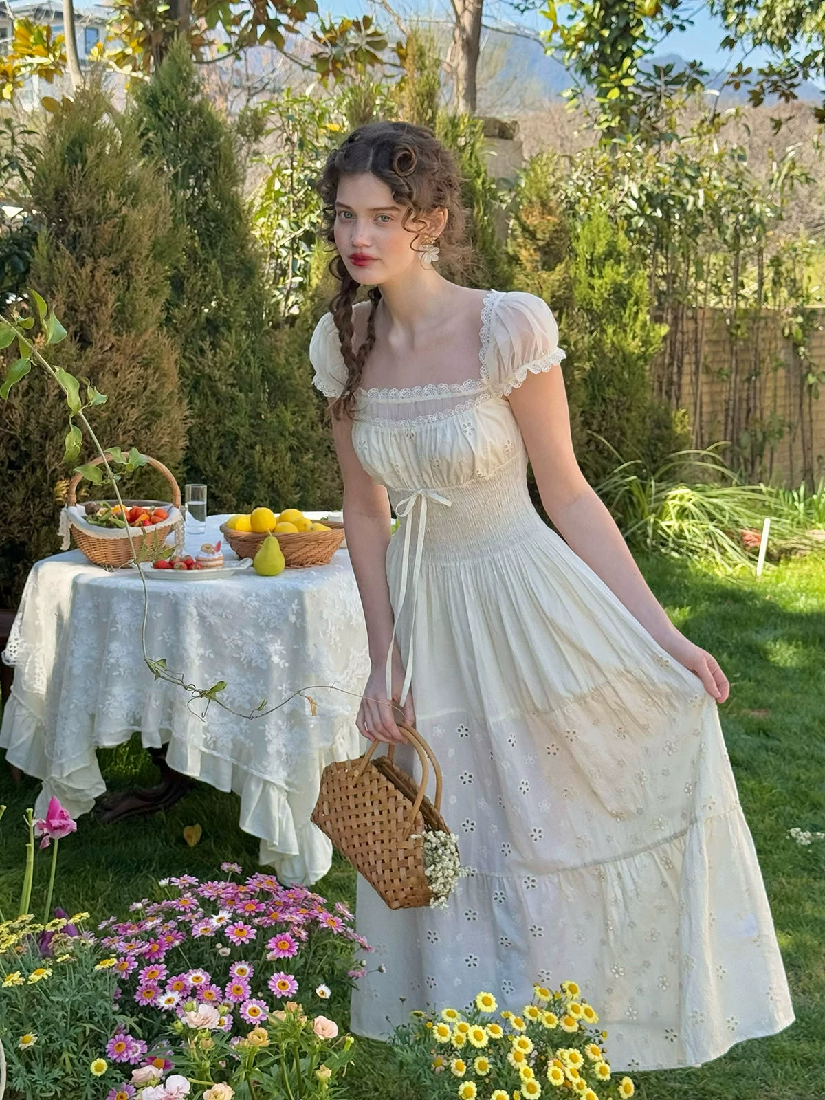 White Pastoral First-Love Cinched-Waist Dress