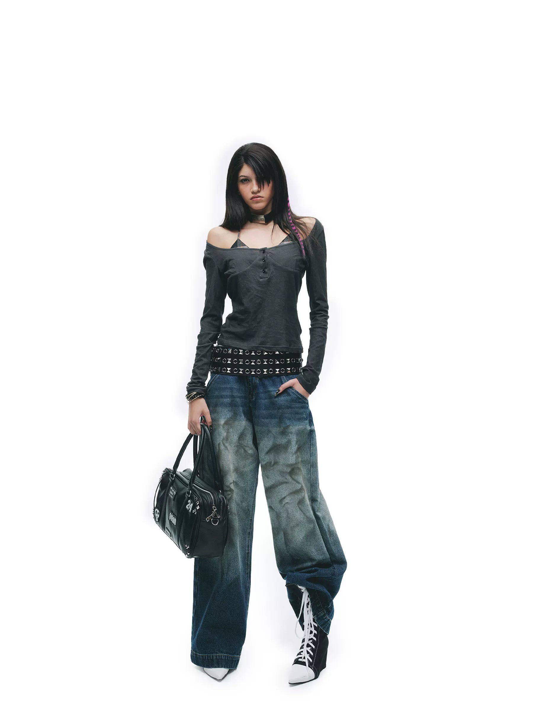 Y2K Grunge Washed Off-Shoulder Layered Long Sleeve Top