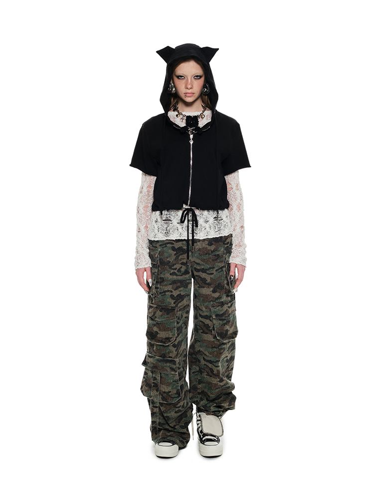 Black & White Cat-ear Short-sleeve Hoodie - CHINASQUAD