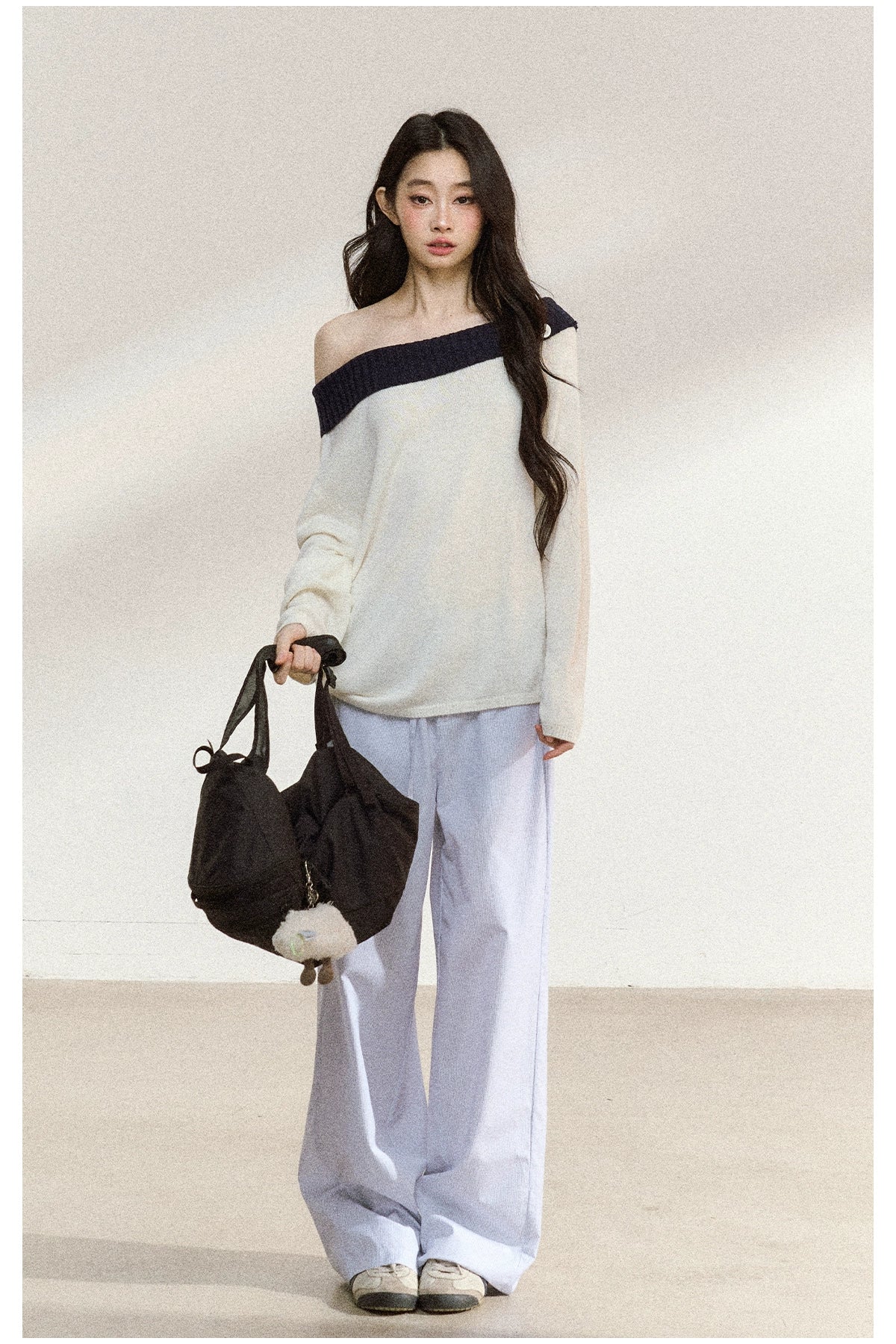 Two-Tone Asymmetric Off-Shoulder Knit Sweater - CHINASQUAD