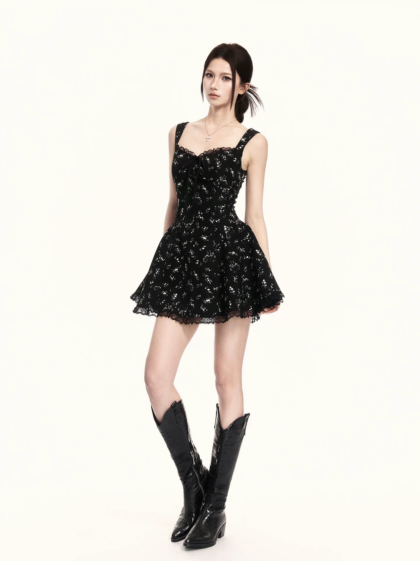 Midnight Bloom Square-Neck Floral Mini Dress