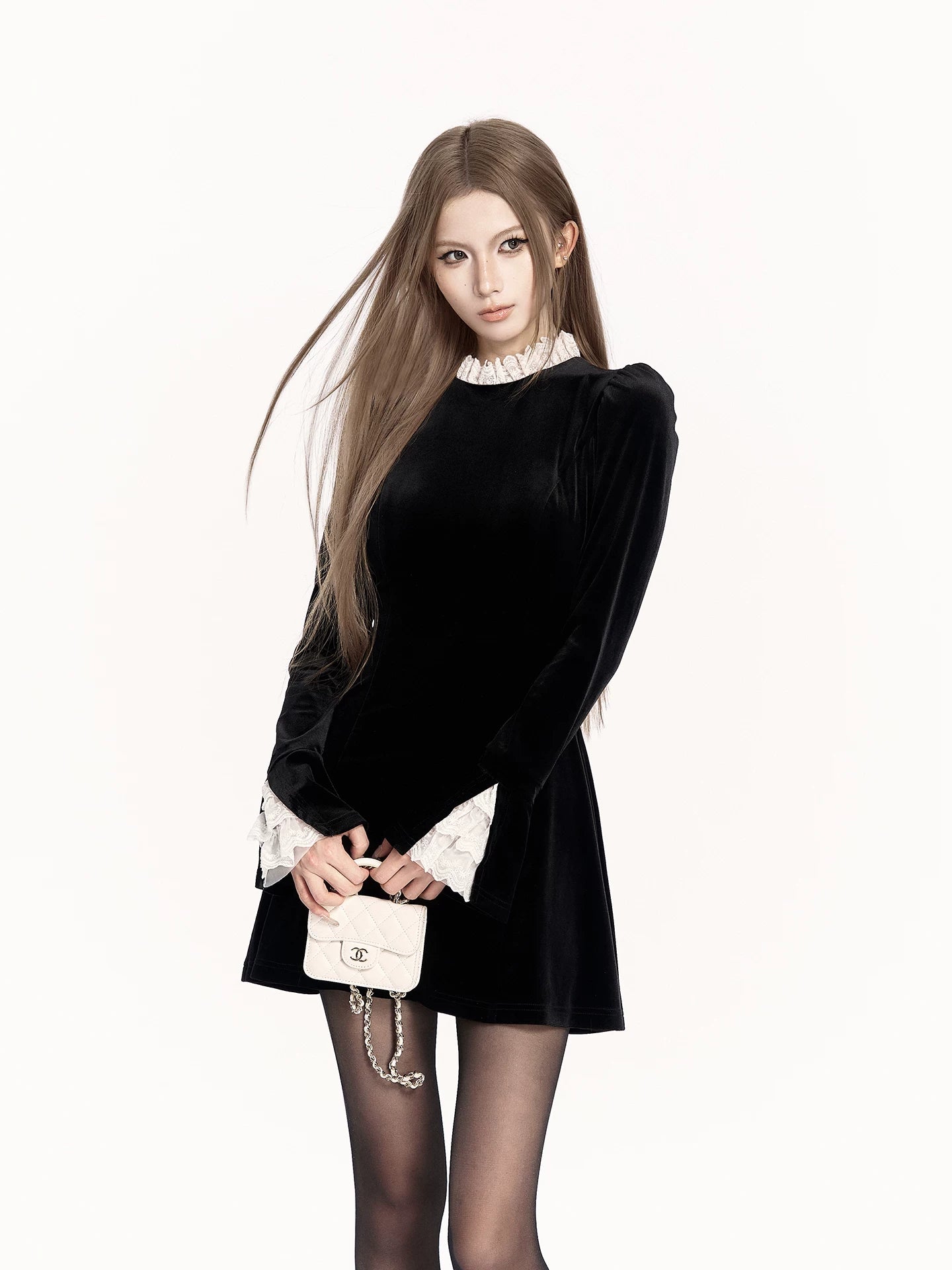 French Retro Lace-Collar Slim-Fit Dress