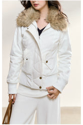 White Faux Fur Collar Quilted Short Jacket - CHINASQUAD