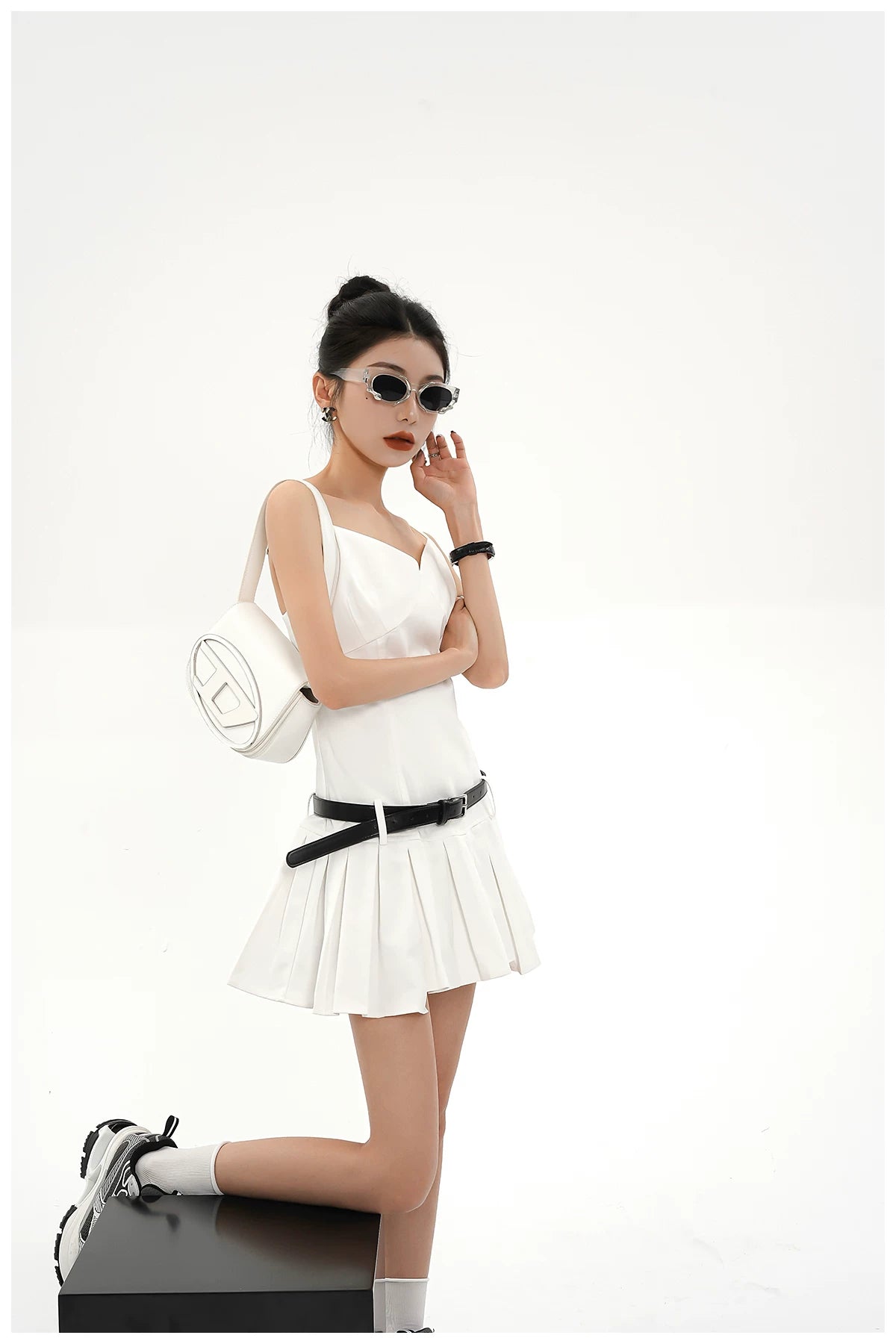 Asymmetric Zip-Back Pleated Camisole Dress