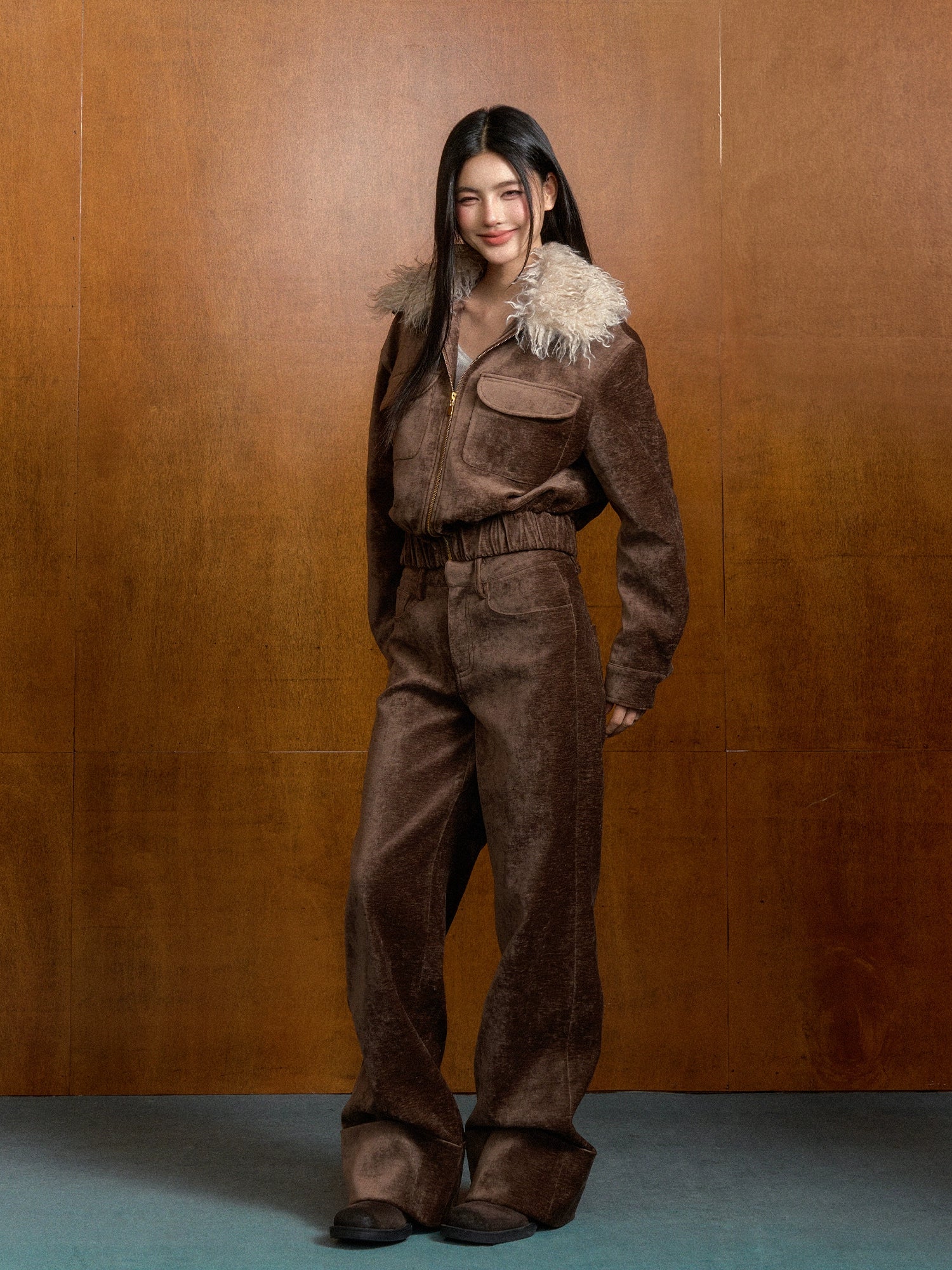 Vintage Brown Suede Jacket with Removable Fur Collar - CHINASQUAD