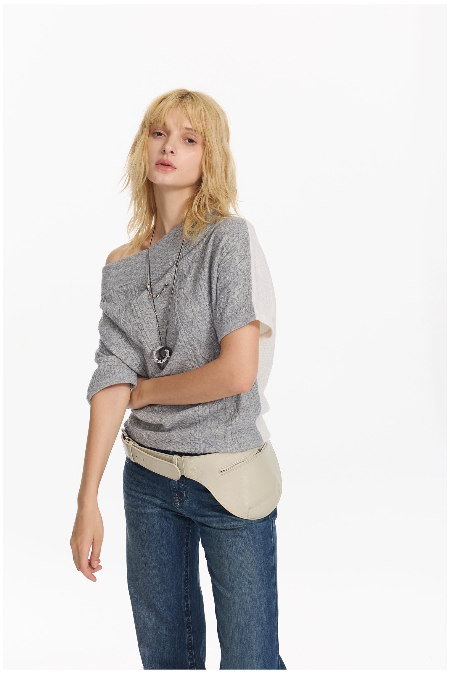 Diagonal Bat-Sleeve Knit Crewneck