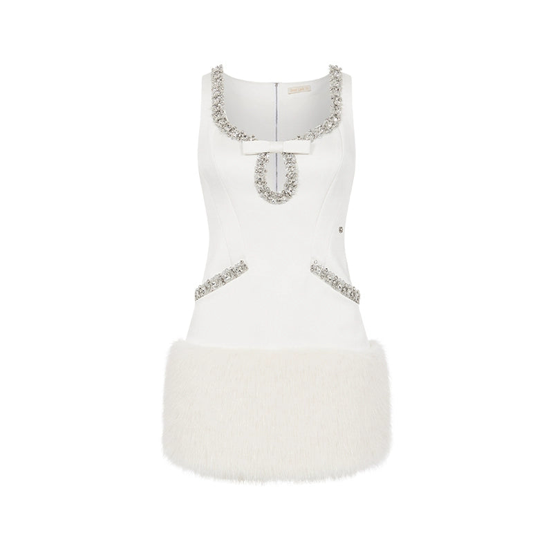 Sable Satin Straight-Cut Faux Fur Dress - CHINASQUAD