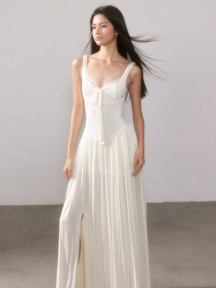 Lace Knit Spaghetti Strap Slit Long Dress - CHINASQUAD
