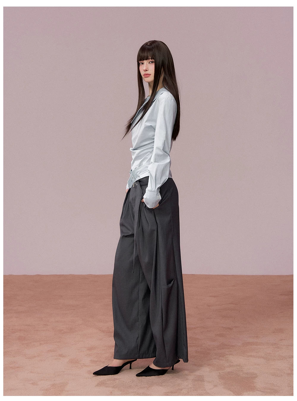 Ruched Belted Cropped Cotton Shirt