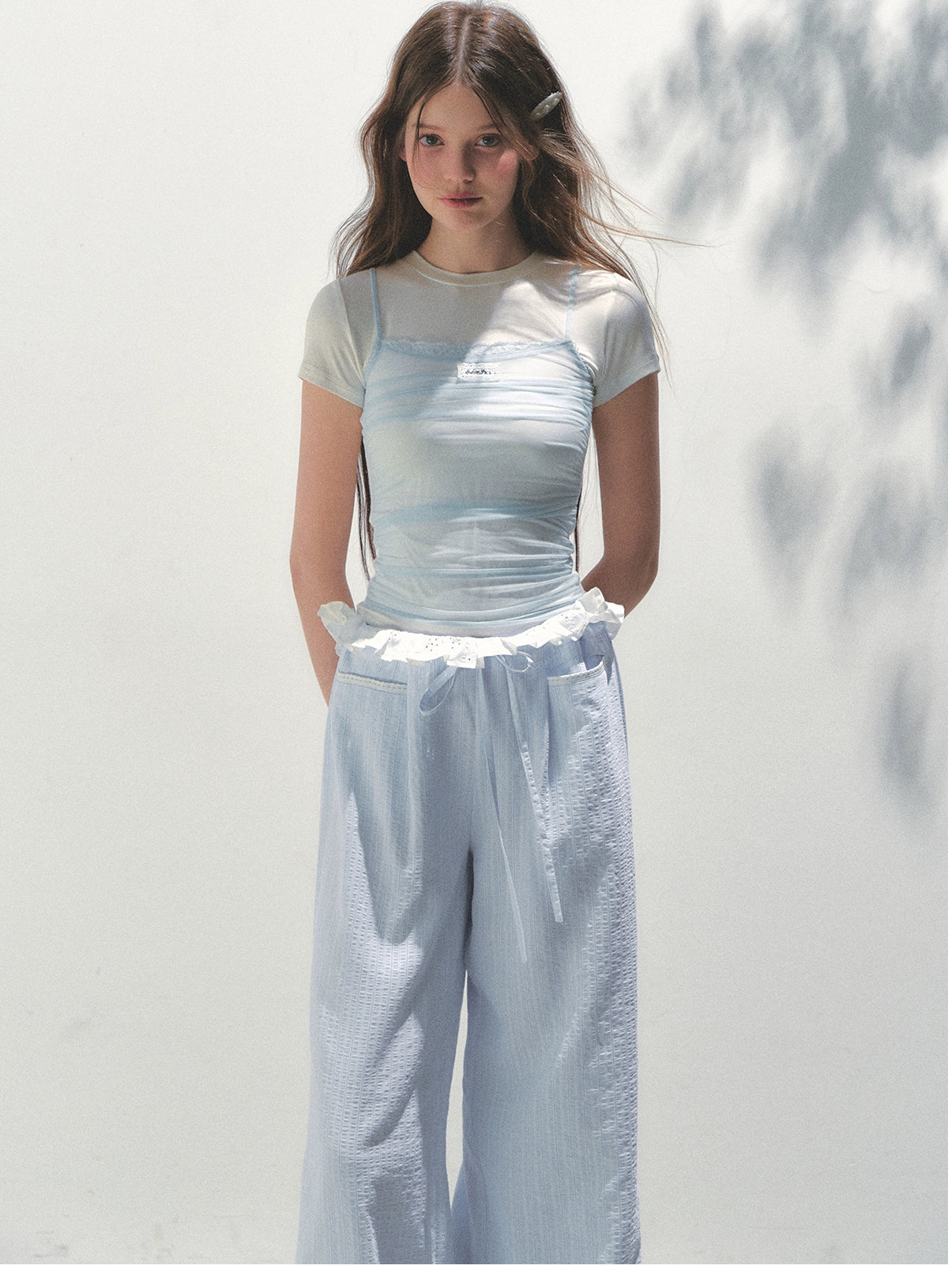 Contrast Color Fake Two-piece Mesh Lace Short-sleeve T-shirt