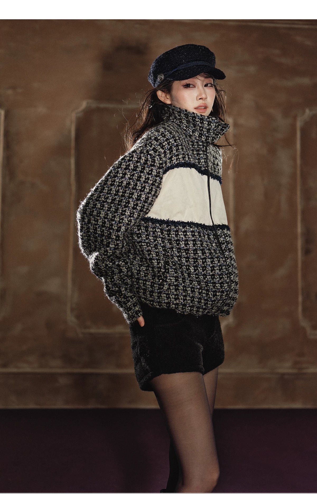 Wool-Blend Colorblock Stand Collar Padded Jacket