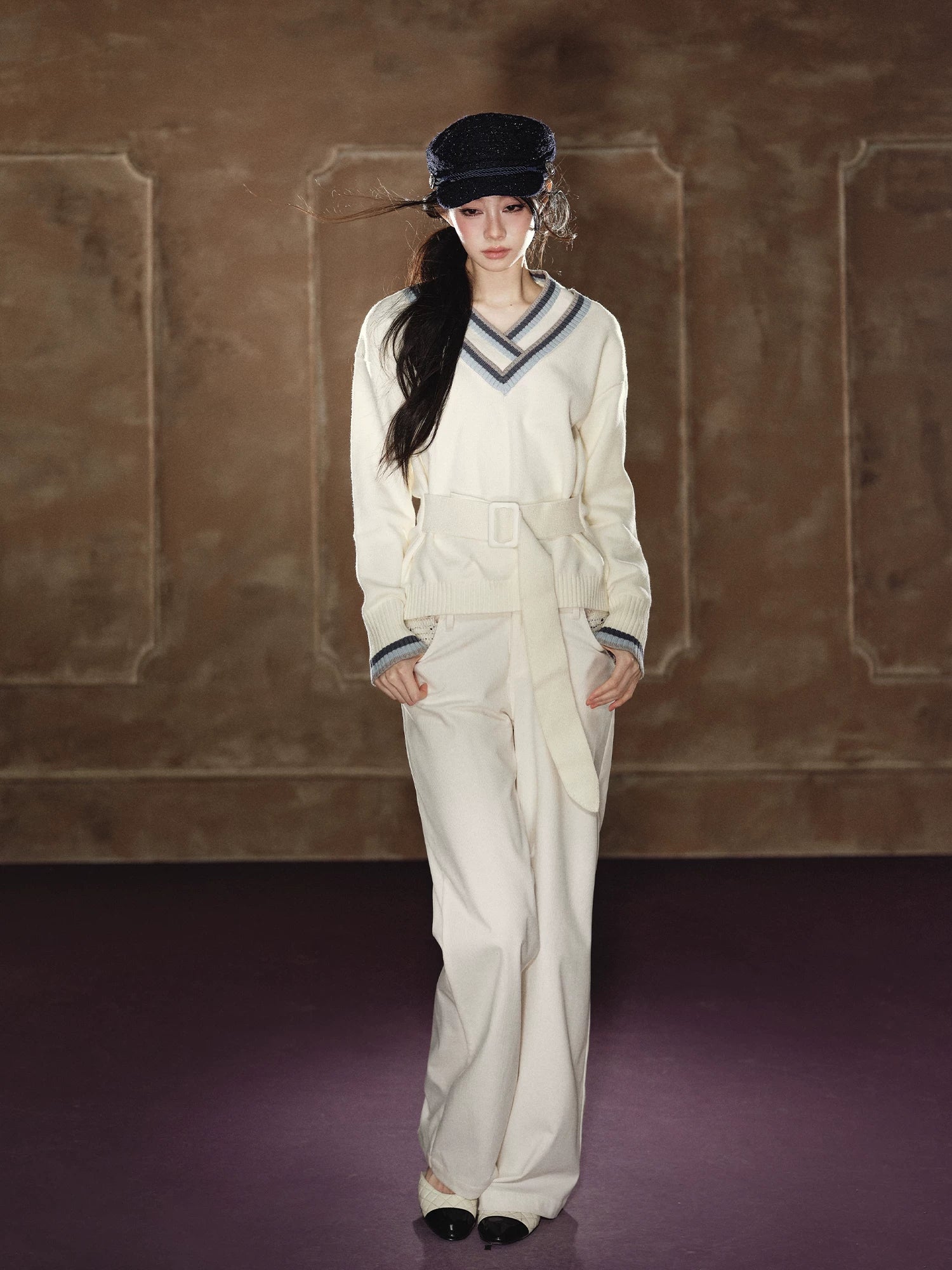 Contrast Double-V Neck Relaxed Knit Sweater