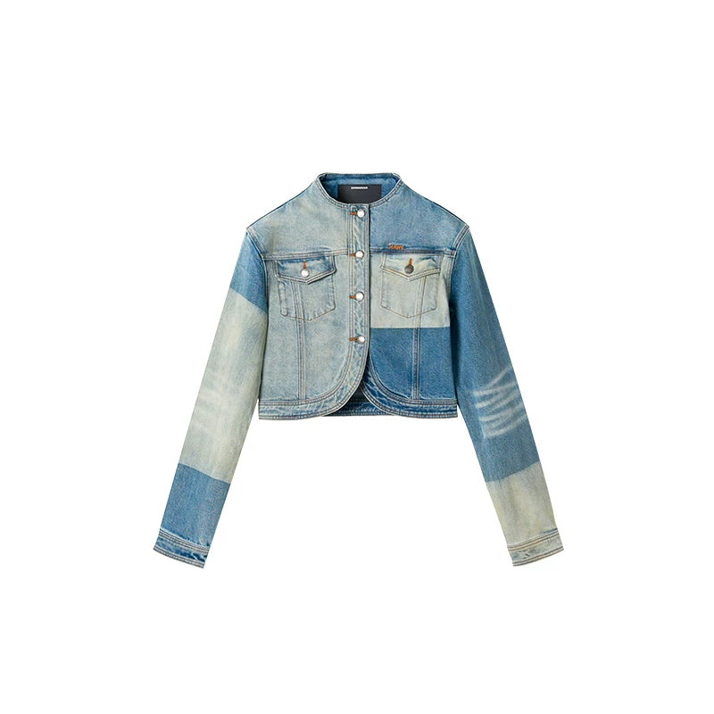 Equestrian Contrast Panel Washed Denim Jacket