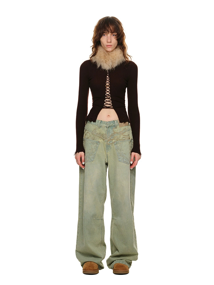 Distressed Washed Green Wide-Leg Jeans - CHINASQUAD