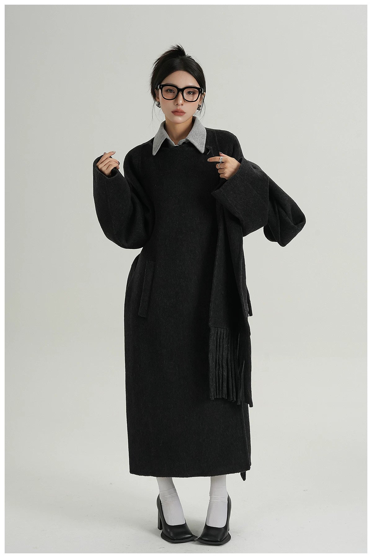 Fringe-Detail Wool Scarf-Style Long Coat