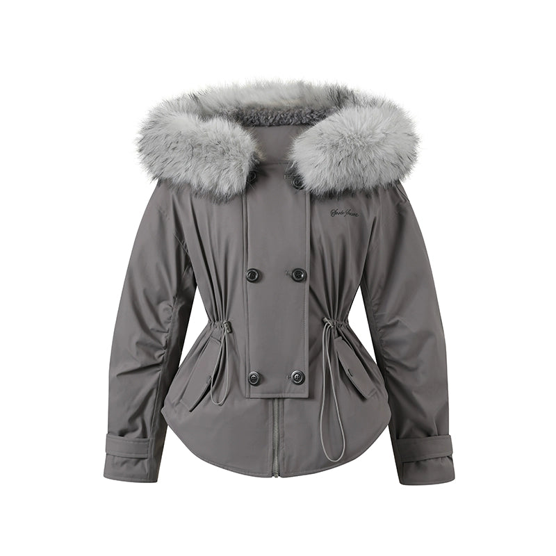 Faux Fur Collar Double-Breasted Down Parka Jacket - CHINASQUAD