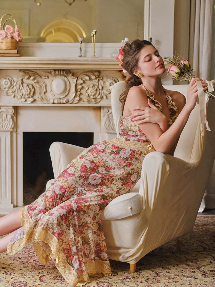 Flamenco Halter Mermaid Mesh Dress