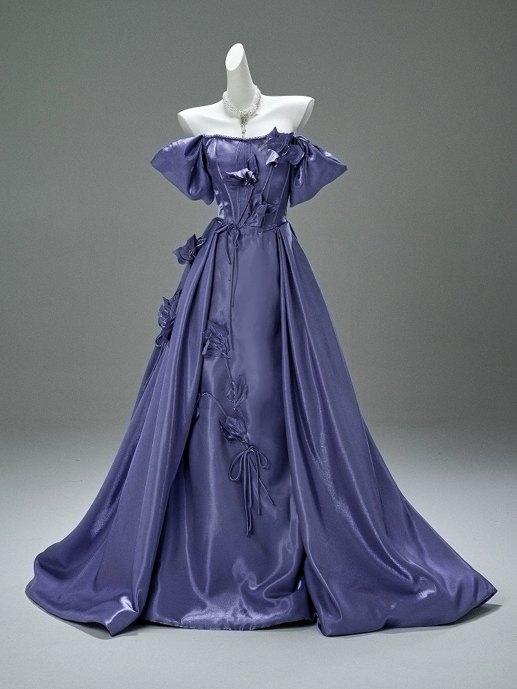 Elegant Purple Satin Floral Couture Gown
