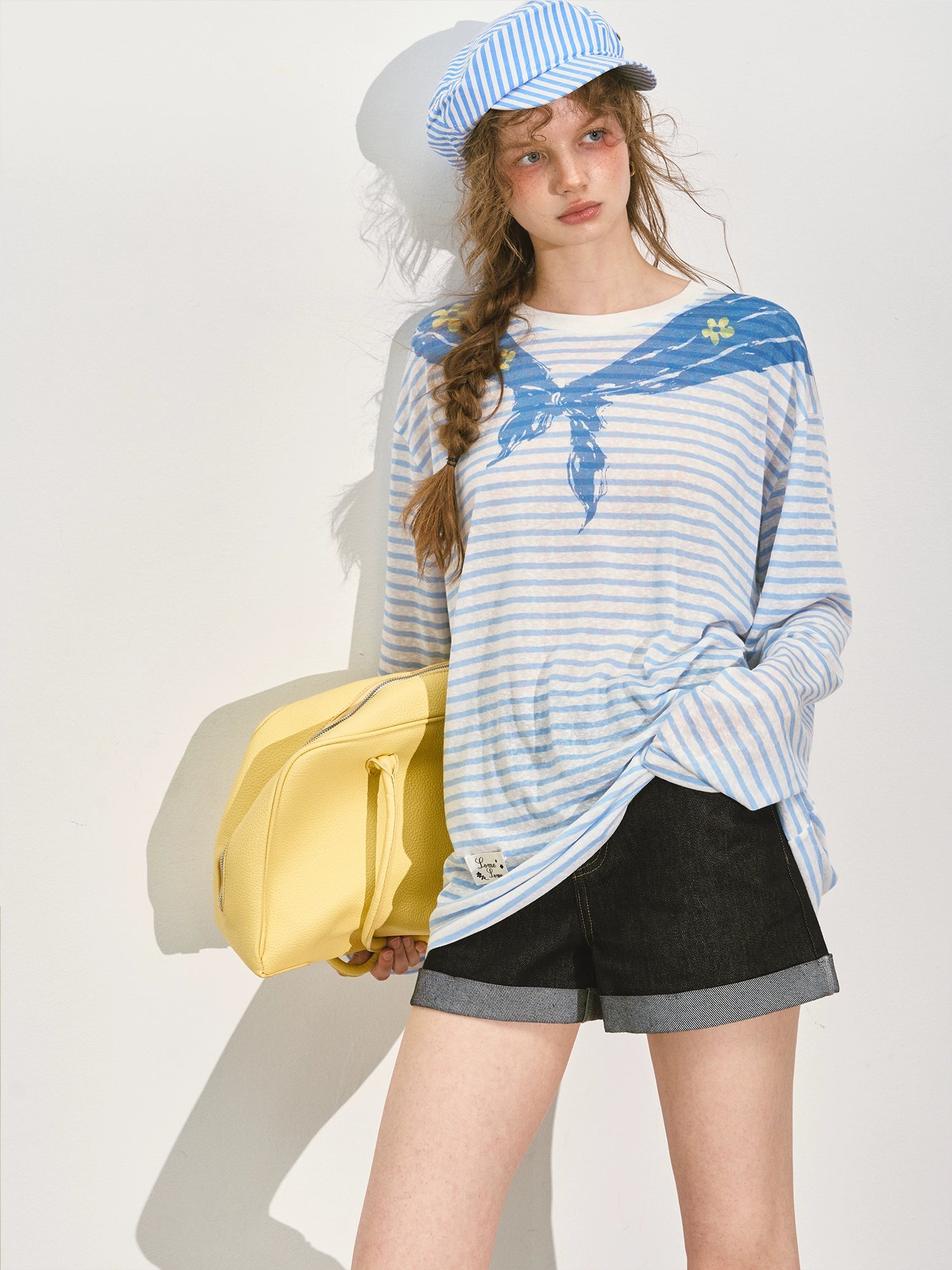 Navy Collar Printed Striped Long-Sleeve T-Shirt - CHINASQUAD