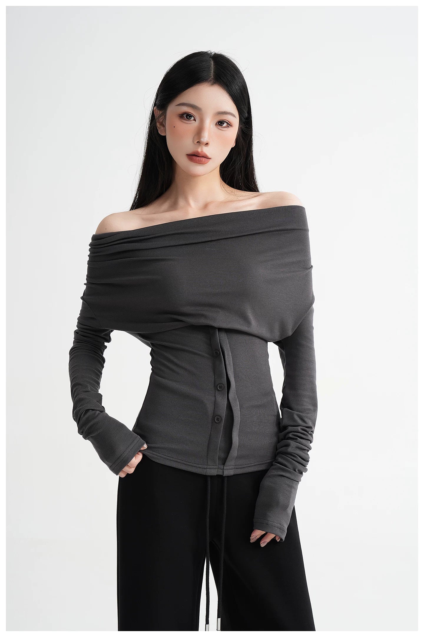 Neck Off-Shoulder Fitted Long Sleeve T-Shirt