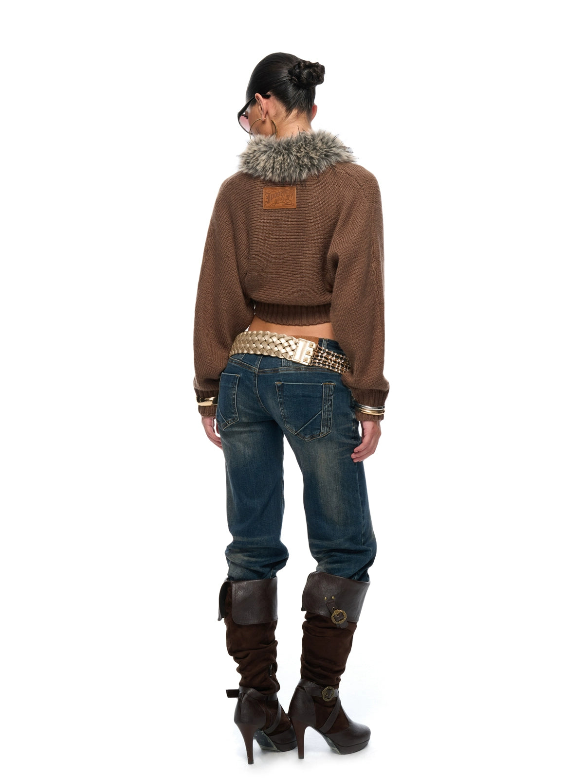 Faux-Fur Collar Cropped Knit Cardigan