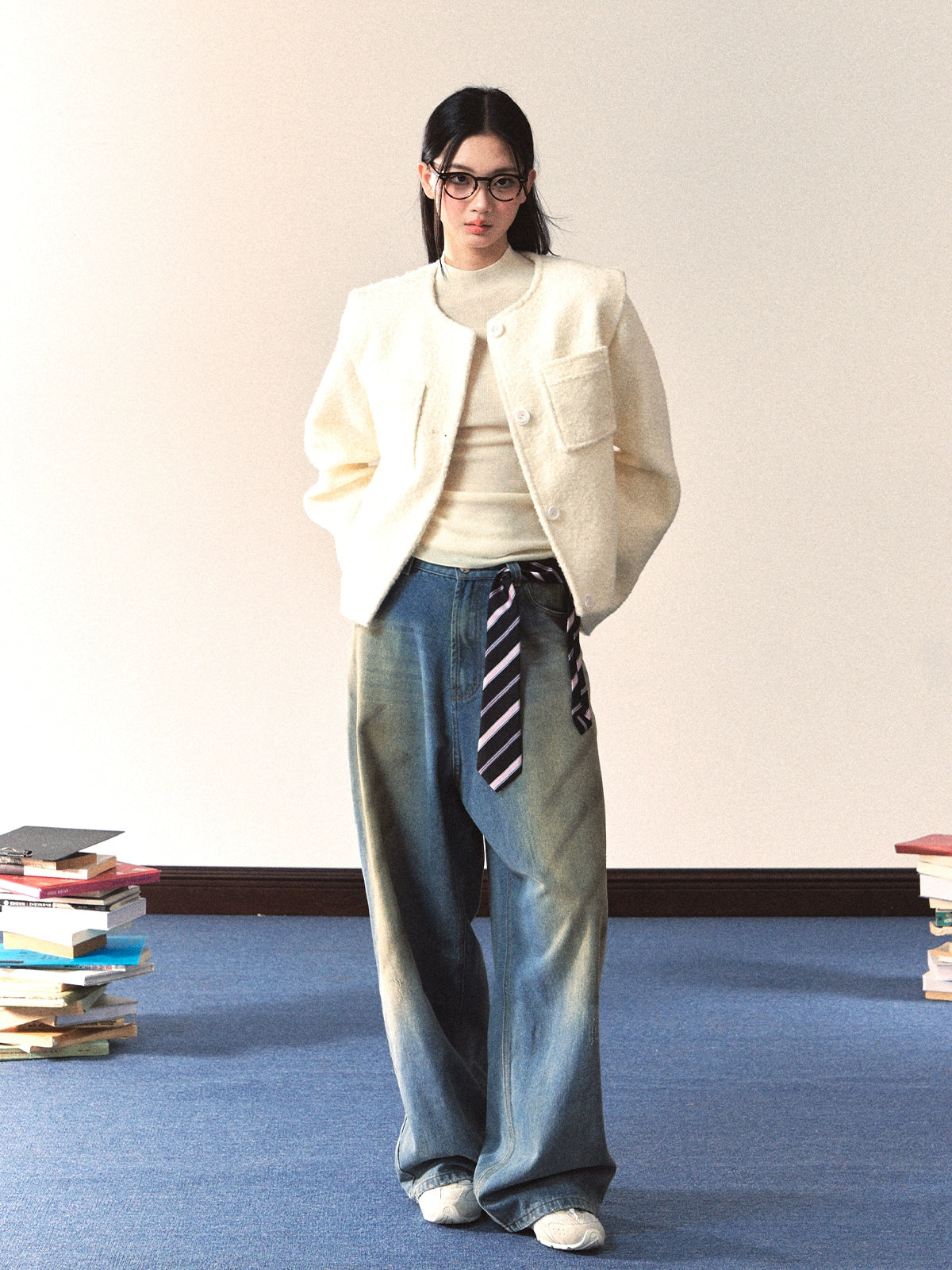 White Crewneck Elegant Chanel-Style Jacket - CHINASQUAD