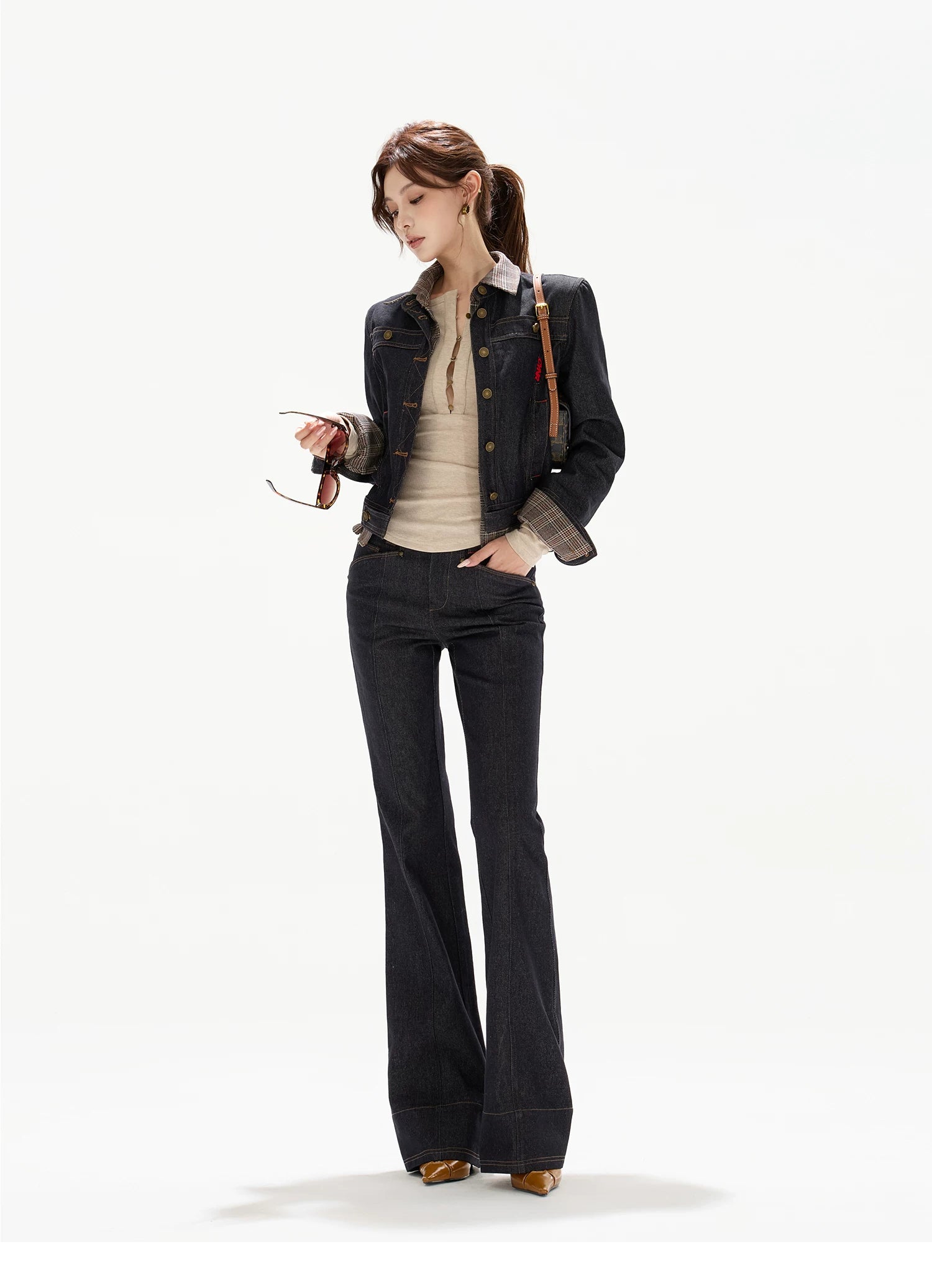 Plaid Mid-Rise Flared Wide-Leg Jeans