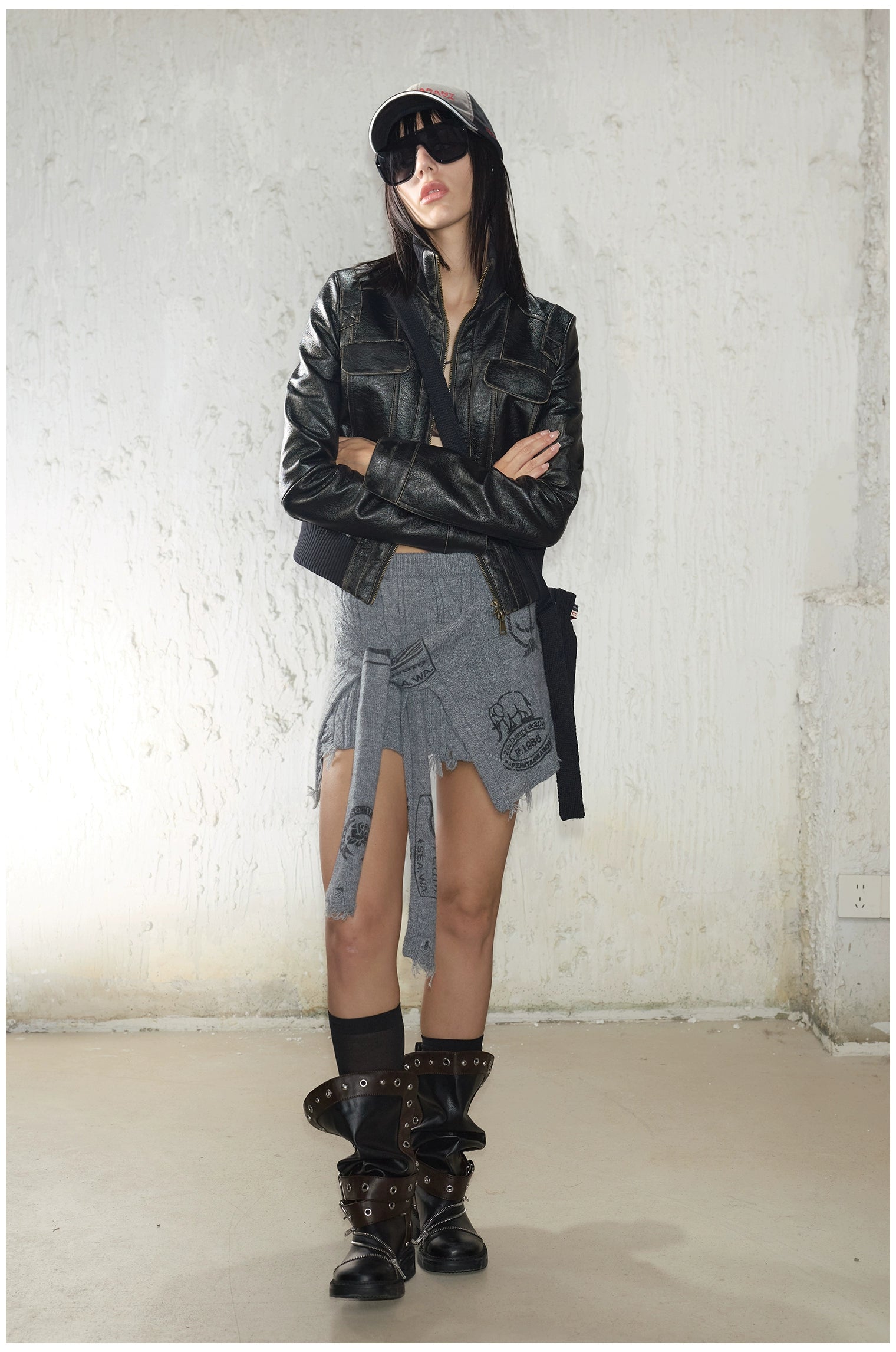 Distressed Cropped Biker Leather Jacket - CHINASQUAD