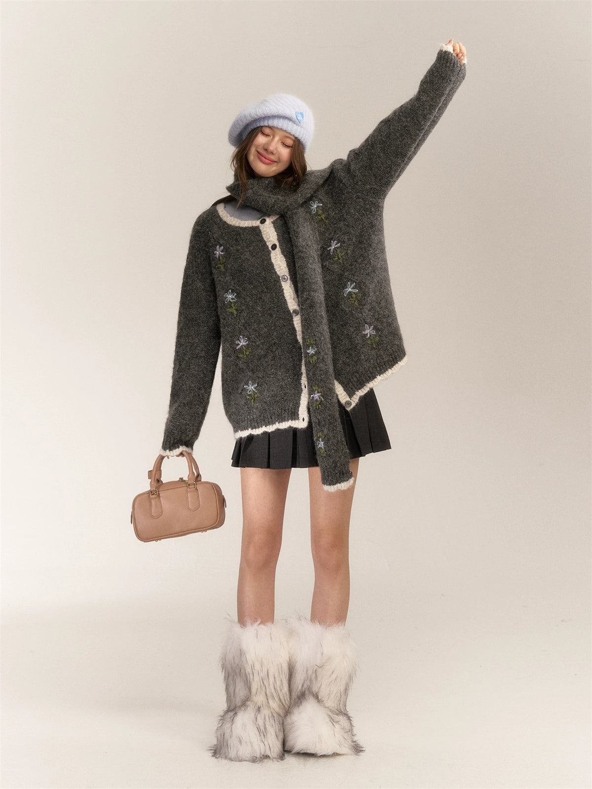 Handcrafted Floral Wool Knit Cardigan & Scarf - CHINASQUAD