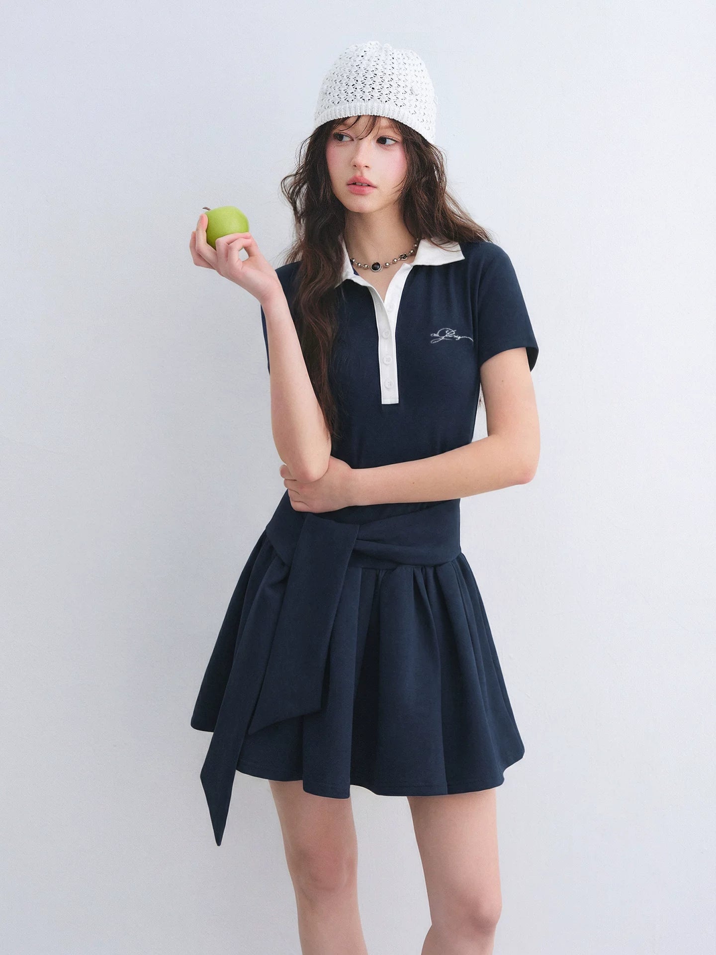 Contrast Polo Collar Puff Dress Two-Piece Set