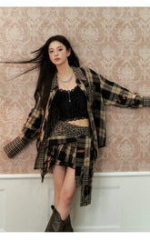 Washed Distressed Plaid Shirt & Skirt Set - CHINASQUAD