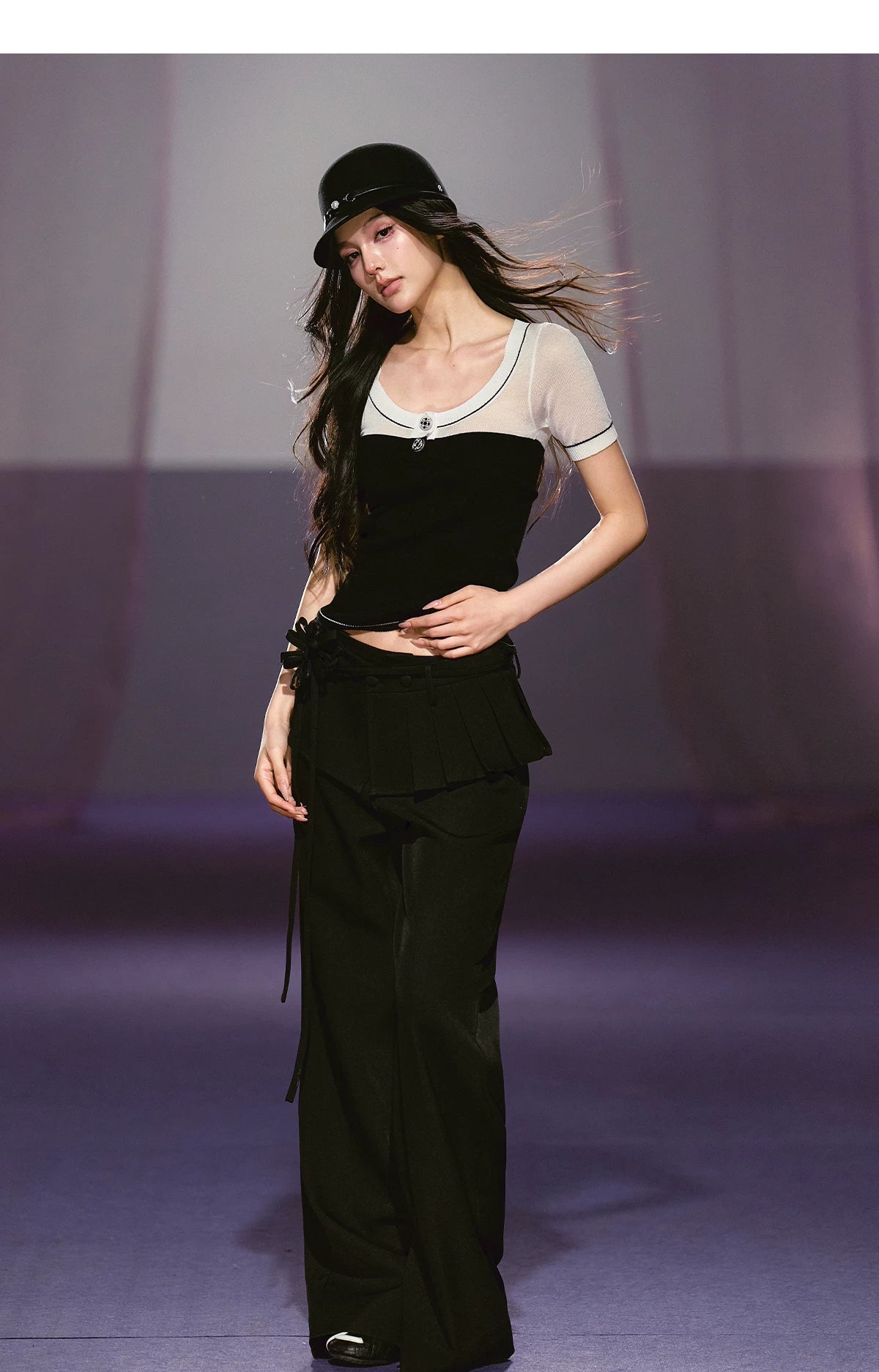 Semi-sheer Sparkly Color-block Short-sleeve Top