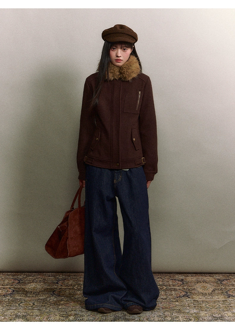 Brown Faux Fur Collar Slim Wool Jacket - CHINASQUAD