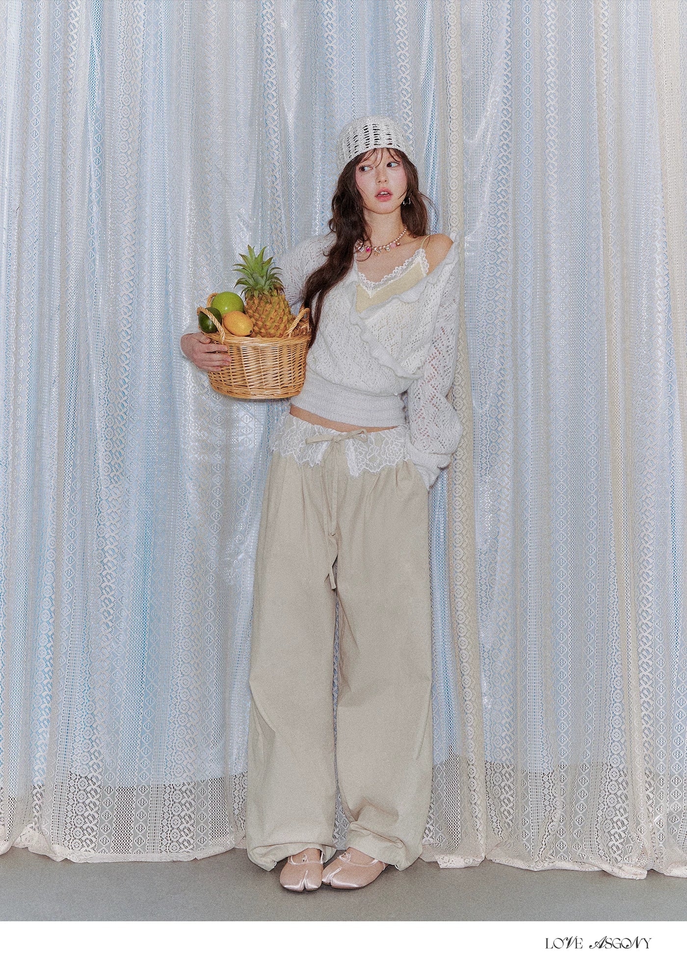 Lace Panel Drawstring Waist Wide-Leg Casual Pants