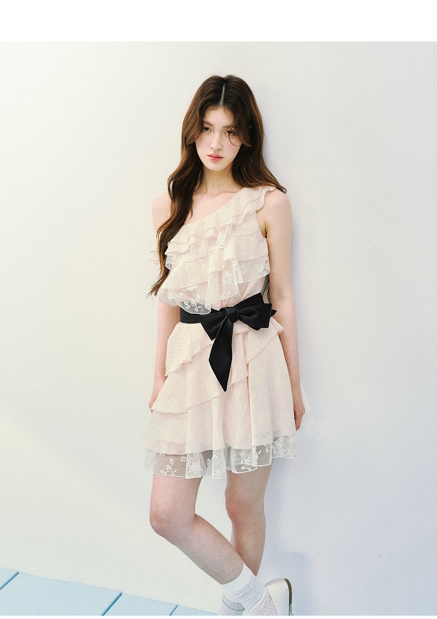 Asymmetric Lace Tiered Ruffle Dress