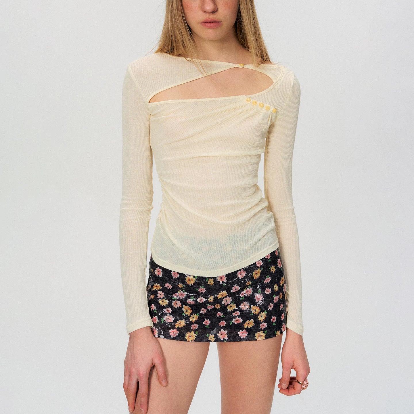 Sheer Textured Cut-Out Long Sleeve Top